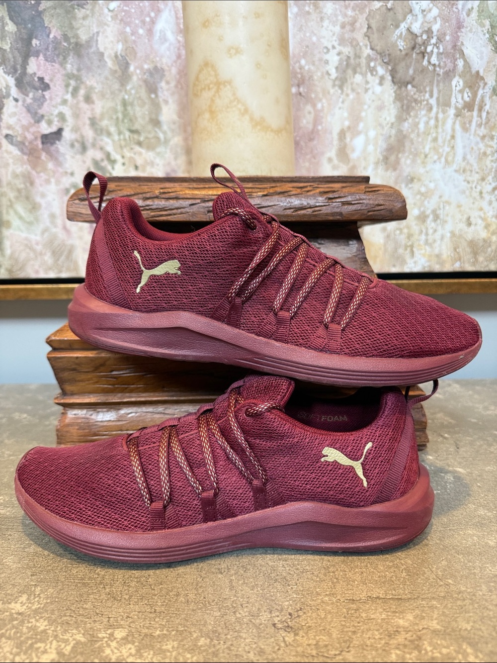 EUC Puma Prowl Alt Knit Mesh Sneakers Womens 8.5 Burgundy Gold Training Shoes